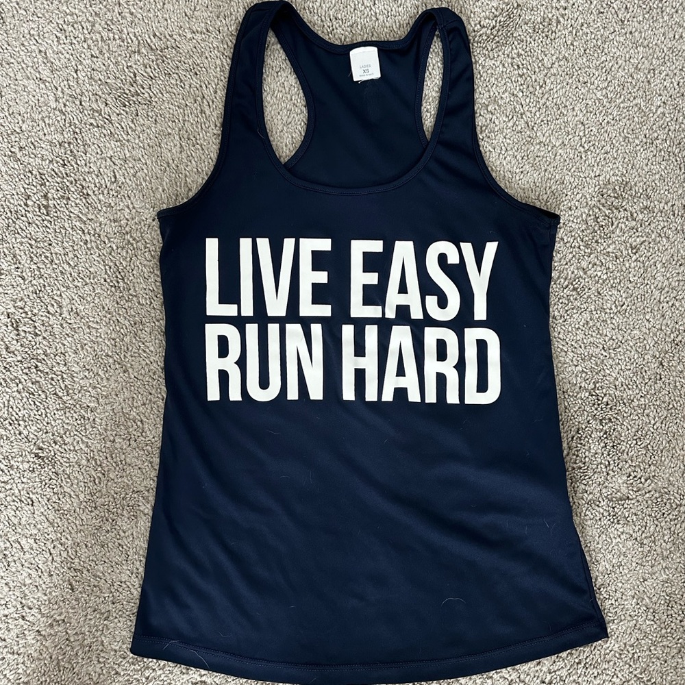 "Live Easy Run Hard" Navy Blue Tank Top from Sarah Marie Design Studio, Size XS